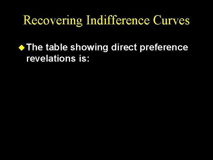 Recovering Indifference Curves u The table showing direct preference revelations is: 