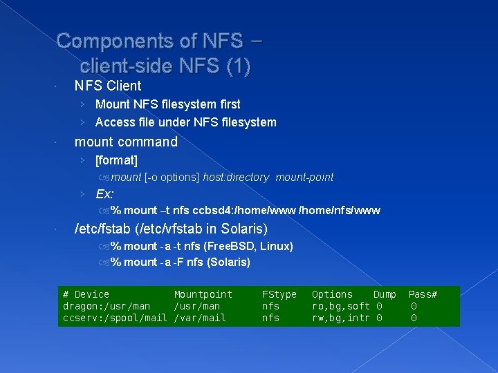 Components of NFS – client-side NFS (1) NFS Client › Mount NFS filesystem first