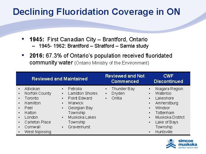 Declining Fluoridation Coverage in ON • 1945: First Canadian City – Brantford, Ontario •