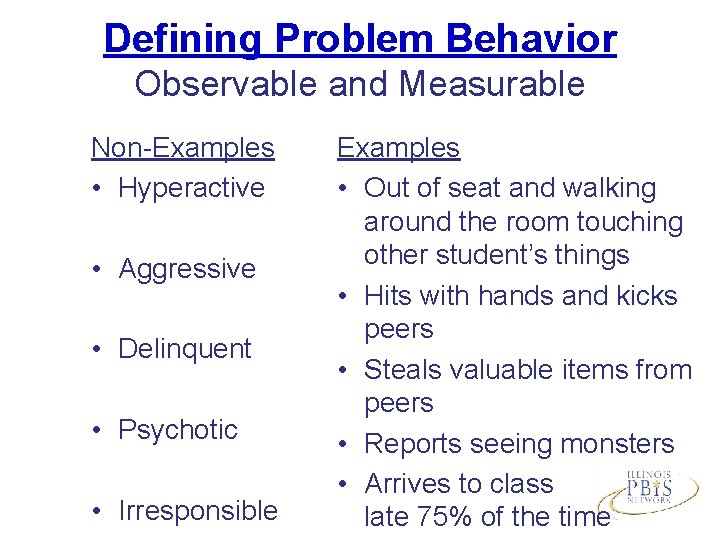 Defining Problem Behavior Observable and Measurable Non-Examples • Hyperactive • Aggressive • Delinquent •