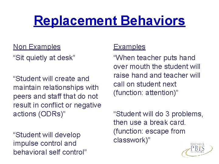 Replacement Behaviors Non Examples “Sit quietly at desk” “When teacher puts hand over mouth