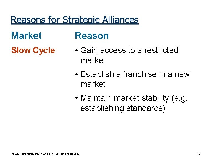 Reasons for Strategic Alliances Market Reason Slow Cycle • Gain access to a restricted
