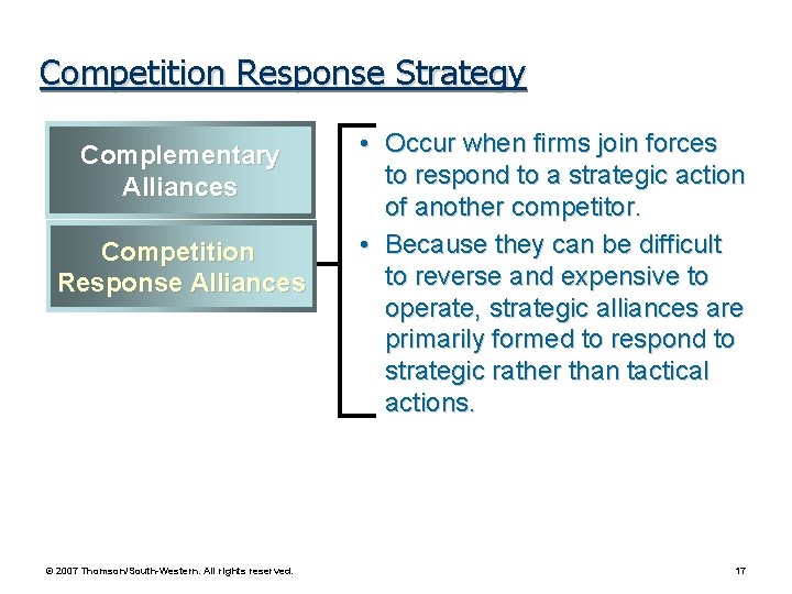 Competition Response Strategy Complementary Alliances Competition Response Alliances © 2007 Thomson/South-Western. All rights reserved.