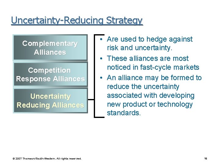 Uncertainty-Reducing Strategy Complementary Alliances Competition Response Alliances Uncertainty Reducing Alliances © 2007 Thomson/South-Western. All