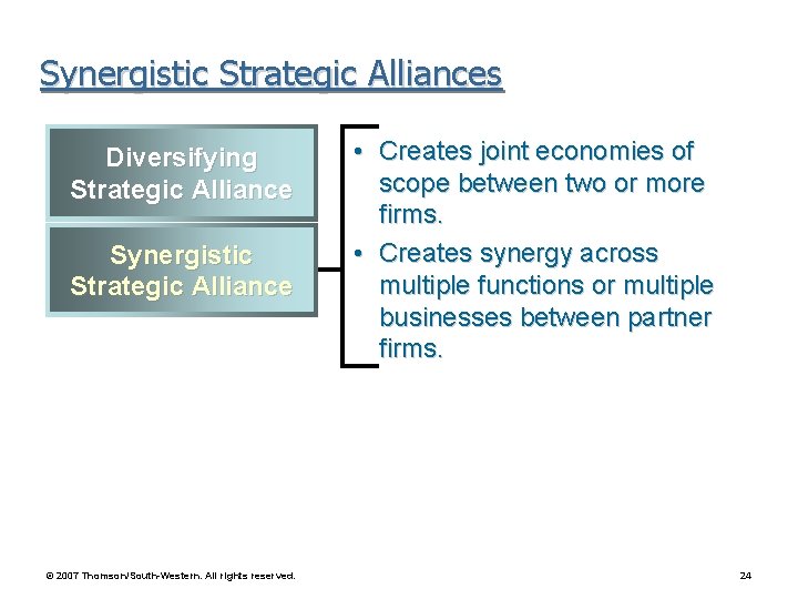 Synergistic Strategic Alliances Diversifying Strategic Alliance Synergistic Strategic Alliance © 2007 Thomson/South-Western. All rights