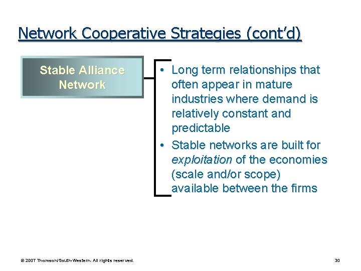 Network Cooperative Strategies (cont’d) Stable Alliance Network © 2007 Thomson/South-Western. All rights reserved. •