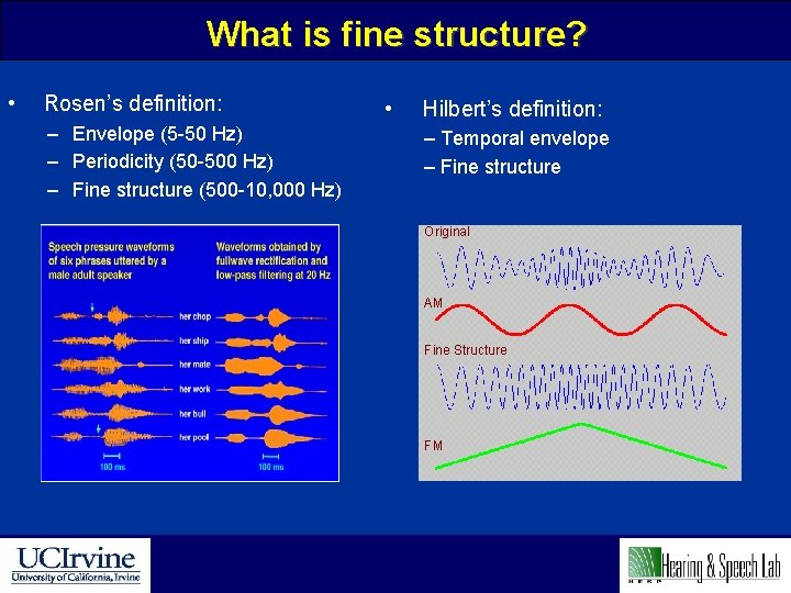 What is fine structure? • Rosen’s definition: – Envelope (5 -50 Hz) – Periodicity