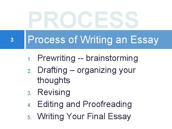PROCESS 3 Process of Writing an Essay 1. 2. 3. 4. 5. Prewriting --