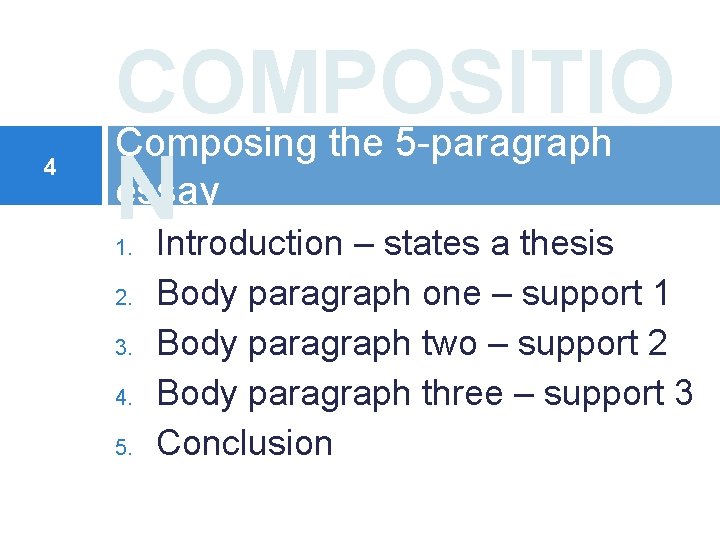 4 COMPOSITIO Composing the 5 -paragraph essay NIntroduction – states a thesis 1. 2.