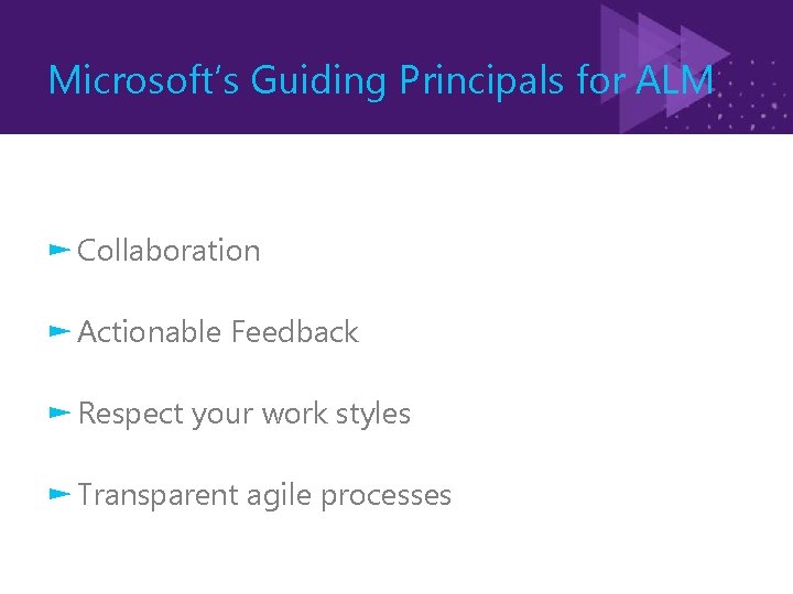 Microsoft’s Guiding Principals for ALM ► Collaboration ► Actionable Feedback ► Respect your work