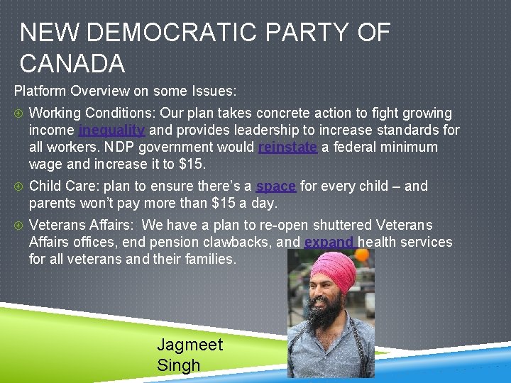 NEW DEMOCRATIC PARTY OF CANADA Platform Overview on some Issues: Working Conditions: Our plan