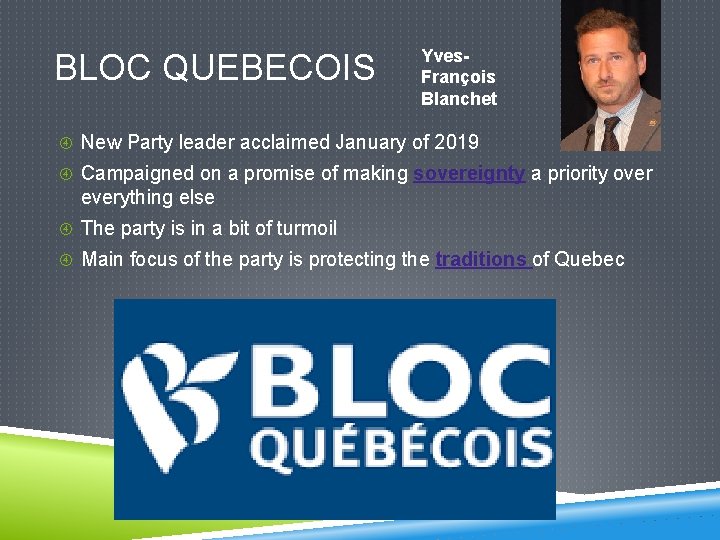 BLOC QUEBECOIS Yves. François Blanchet New Party leader acclaimed January of 2019 Campaigned on