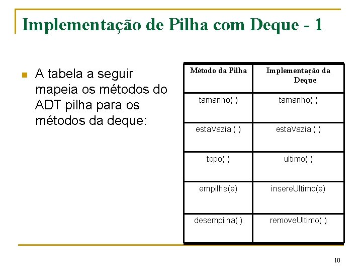 Implementação de Pilha com Deque - 1 n A tabela a seguir mapeia os