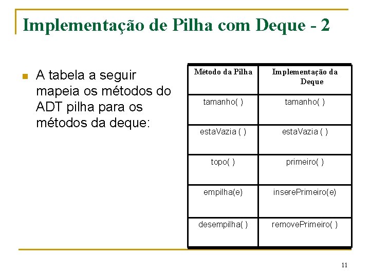 Implementação de Pilha com Deque - 2 n A tabela a seguir mapeia os