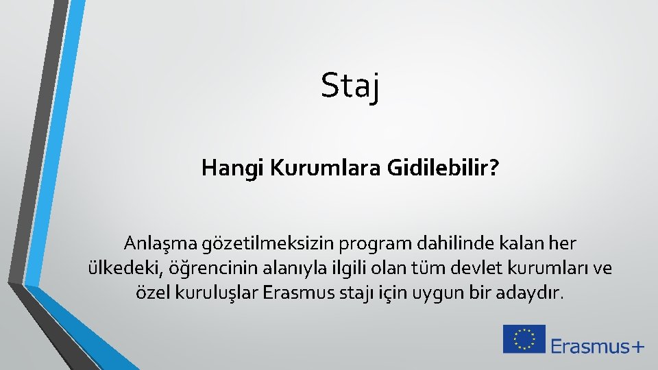 Staj Hangi Kurumlara Gidilebilir? Anlaşma gözetilmeksizin program dahilinde kalan her ülkedeki, öğrencinin alanıyla ilgili