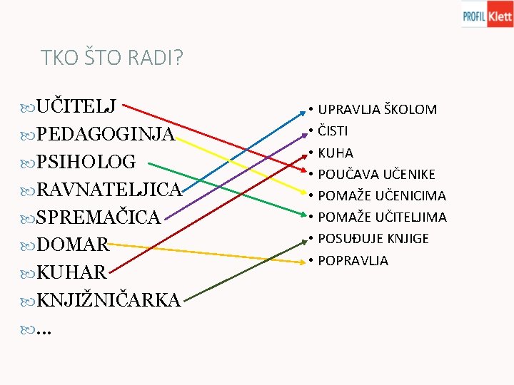 TKO ŠTO RADI? UČITELJ PEDAGOGINJA PSIHOLOG RAVNATELJICA SPREMAČICA DOMAR KUHAR KNJIŽNIČARKA . . .