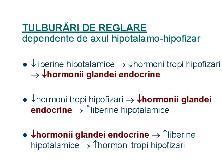 TULBURĂRI DE REGLARE dependente de axul hipotalamo-hipofizar l liberine hipotalamice hormoni tropi hipofizari hormonii