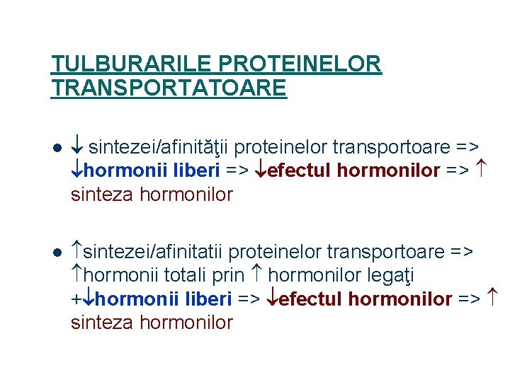TULBURARILE PROTEINELOR TRANSPORTATOARE l sintezei/afinităţii proteinelor transportoare => hormonii liberi => efectul hormonilor =>