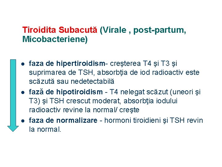 Tiroidita Subacută (Virale , post-partum, Micobacteriene) l l l faza de hipertiroidism- creşterea T