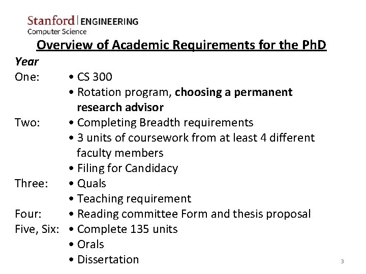 Overview of Academic Requirements for the Ph. D Year One: • CS 300 •