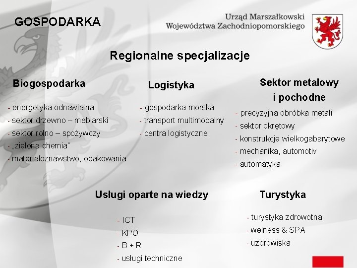 GOSPODARKA Regionalne specjalizacje Biogospodarka Sektor metalowy Logistyka i pochodne - energetyka odnawialna - gospodarka