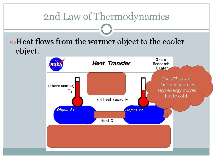 2 nd Law of Thermodynamics Heat flows from the warmer object to the cooler 2 nd Law of Thermodynamics Heat flows from the warmer object to the cooler