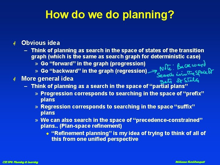 How do we do planning? G Obvious idea – Think of planning as search