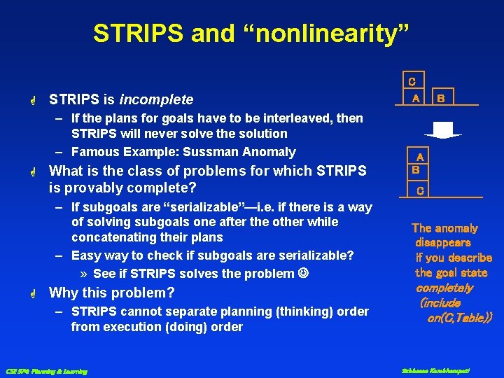 STRIPS and “nonlinearity” C G STRIPS is incomplete – If the plans for goals