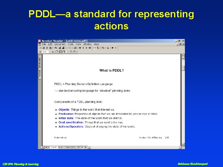 PDDL—a standard for representing actions CSE 574: Planning & Learning Subbarao Kambhampati 