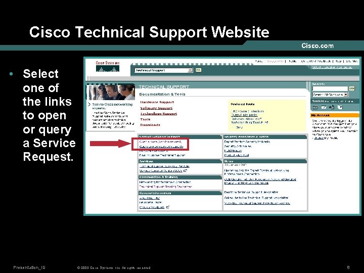 Cisco Technical Support Website • Select one of the links to open or query