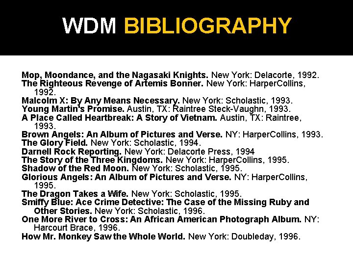 WDM BIBLIOGRAPHY Mop, Moondance, and the Nagasaki Knights. New York: Delacorte, 1992. The Righteous