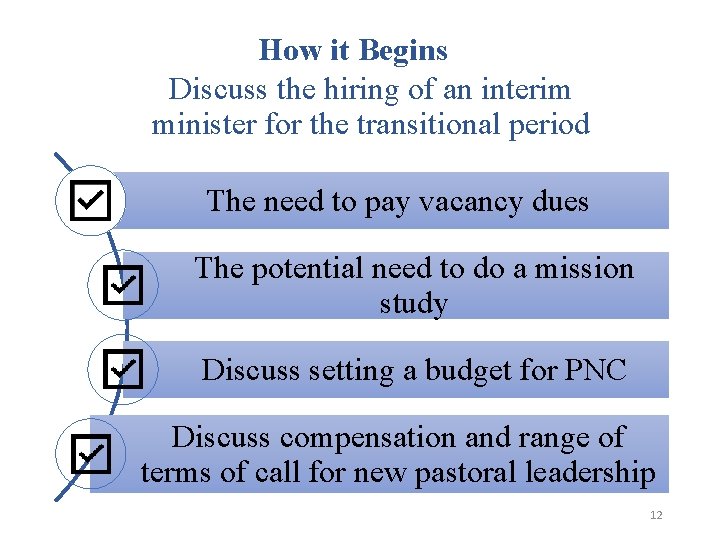 How it Begins Discuss the hiring of an interim minister for the transitional period