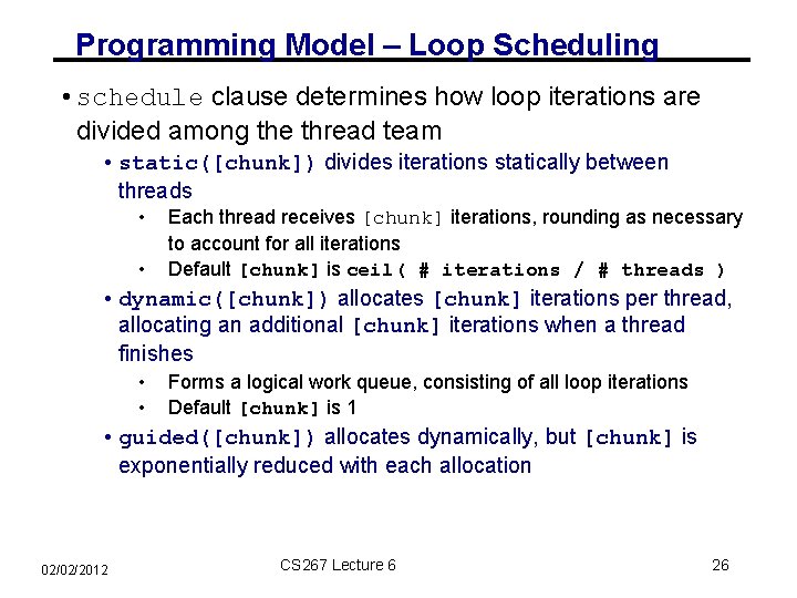 Programming Model – Loop Scheduling • schedule clause determines how loop iterations are divided