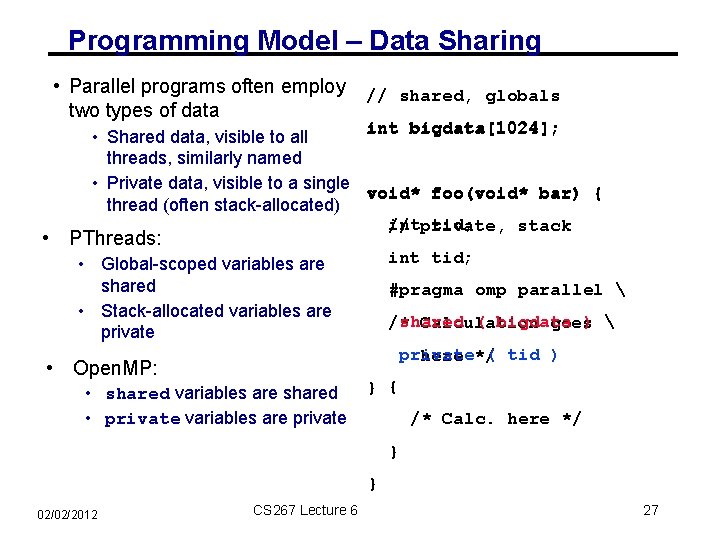 Programming Model – Data Sharing • Parallel programs often employ two types of data