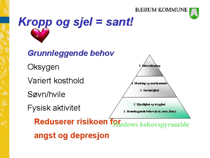 Kropp og sjel = sant! Grunnleggende behov Oksygen Variert kosthold Søvn/hvile Fysisk aktivitet 5.