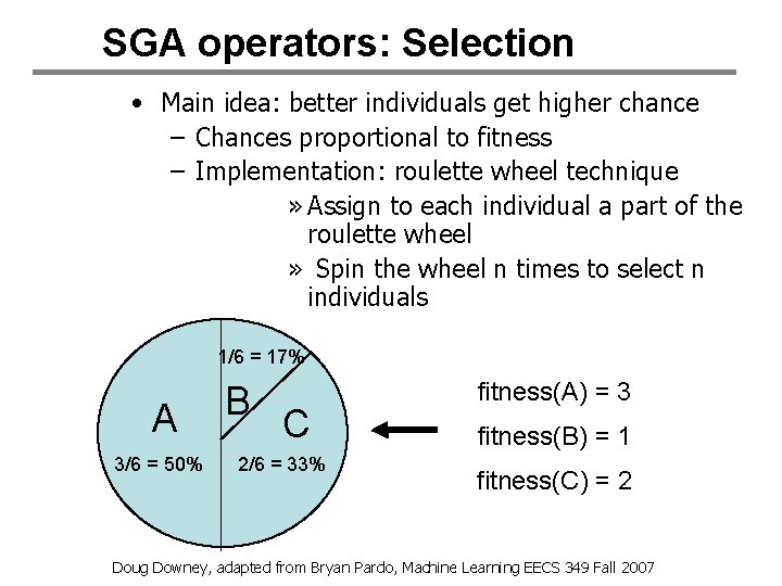 SGA operators: Selection • Main idea: better individuals get higher chance – Chances proportional SGA operators: Selection • Main idea: better individuals get higher chance – Chances proportional