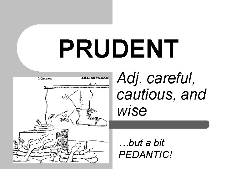 PRUDENT Adj. careful, cautious, and wise …but a bit PEDANTIC! 
