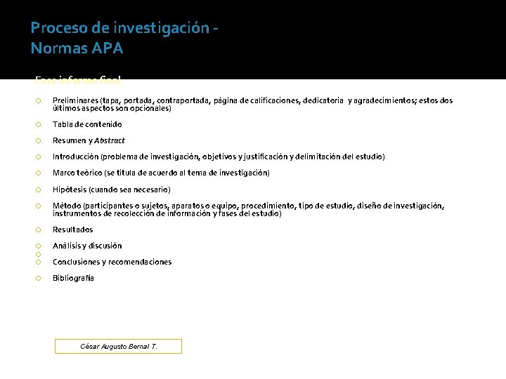 Proceso de investigación Normas APA Fase informe final Preliminares (tapa, portada, contraportada, página de