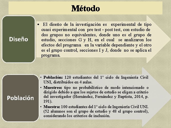 Método Diseño Población • El diseño de la investigación es experimental de tipo cuasi