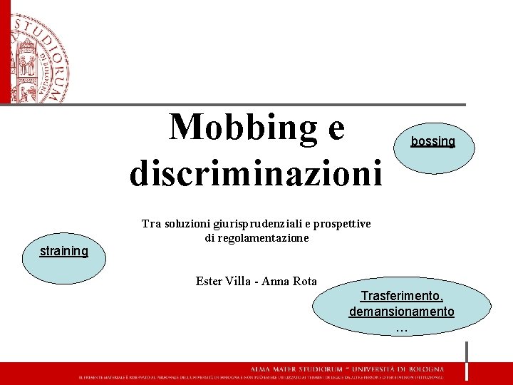 Mobbing e discriminazioni straining bossing Tra soluzioni giurisprudenziali e prospettive di regolamentazione Ester Villa