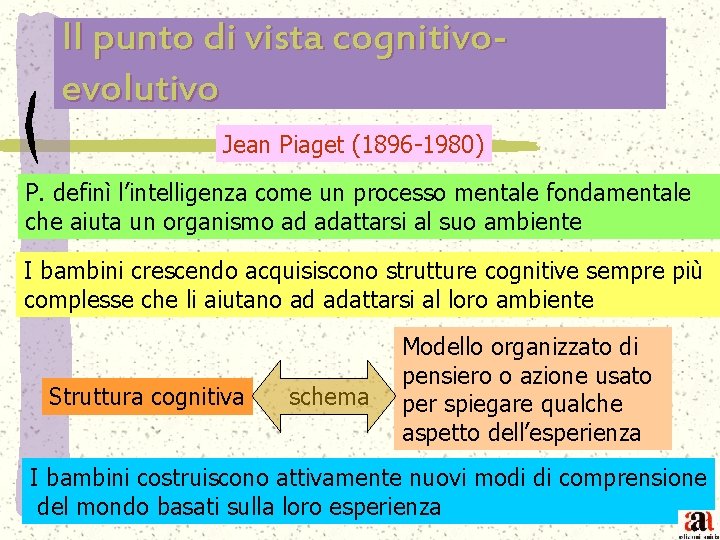 Il punto di vista cognitivoevolutivo Jean Piaget (1896 -1980) P. definì l’intelligenza come un