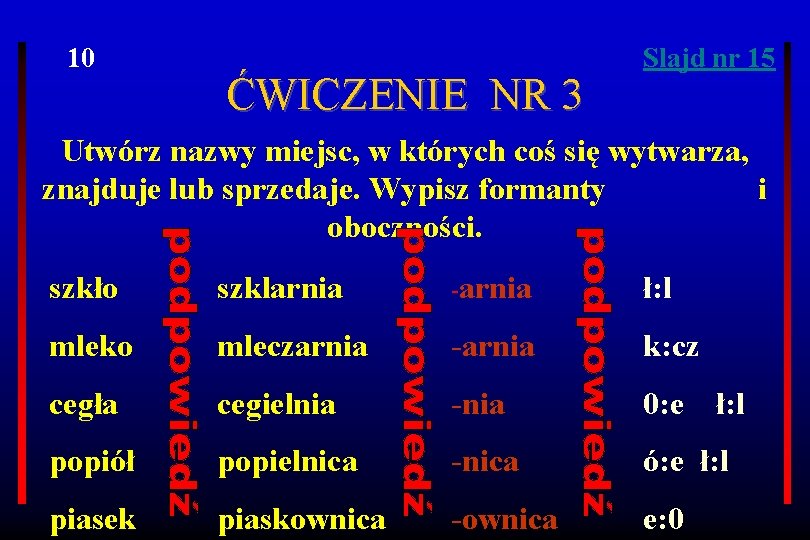 10 ĆWICZENIE NR 3 Slajd nr 15 Utwórz nazwy miejsc, w których coś się