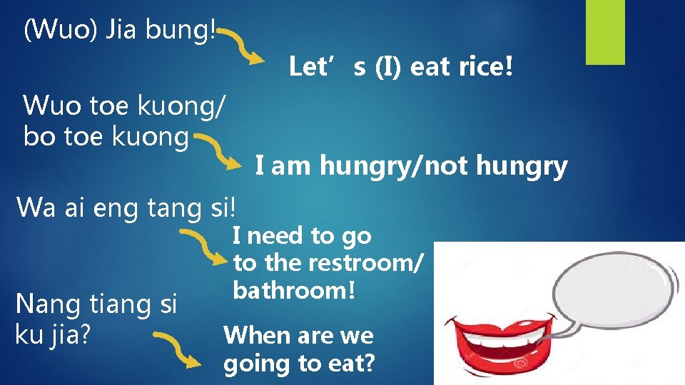 (Wuo) Jia bung! Let’s (I) eat rice! Wuo toe kuong/ bo toe kuong I