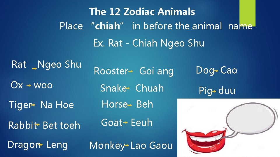 The 12 Zodiac Animals Place “chiah” in before the animal name Ex. Rat -