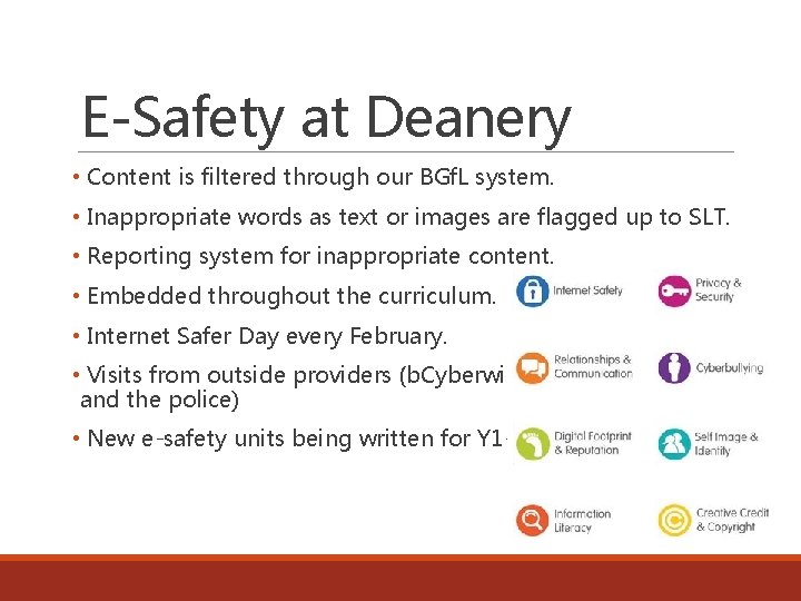 E-Safety at Deanery • Content is filtered through our BGf. L system. • Inappropriate