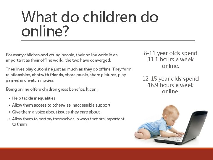 What do children do online? 8 -11 year olds spend 11. 1 hours a