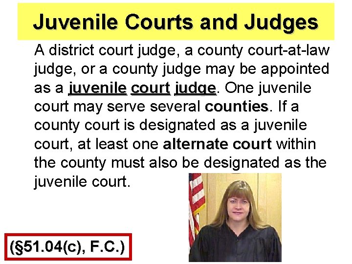 Juvenile Courts and Judges A district court judge, a county court-at-law judge, or a