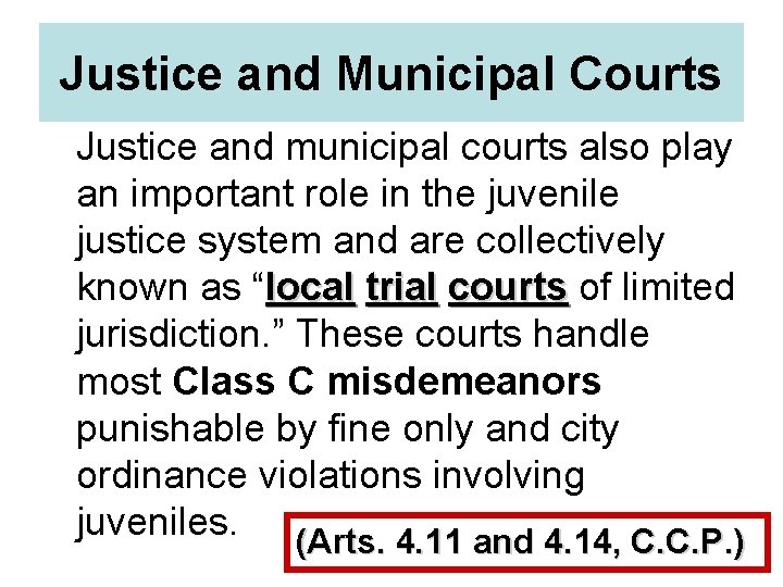 Justice and Municipal Courts Justice and municipal courts also play an important role in