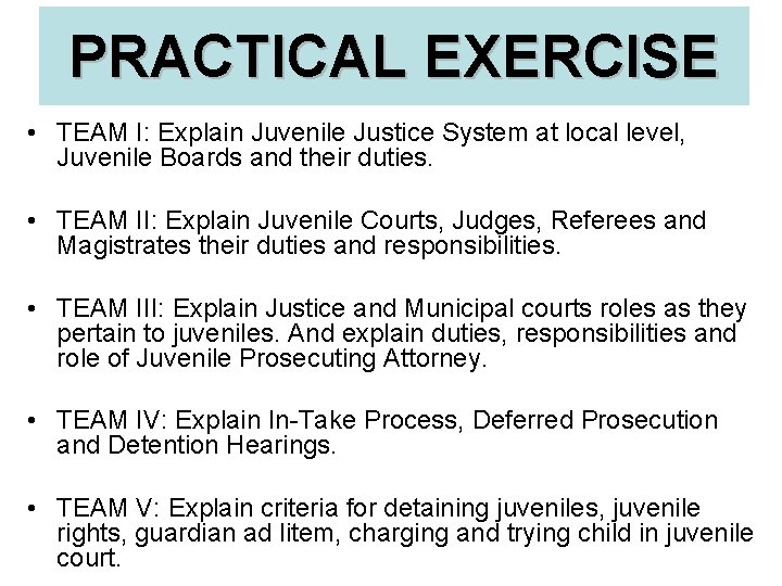 PRACTICAL EXERCISE • TEAM I: Explain Juvenile Justice System at local level, Juvenile Boards