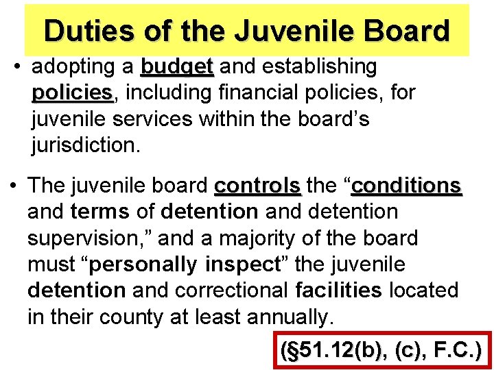 Duties of the Juvenile Board • adopting a budget and establishing policies, policies including